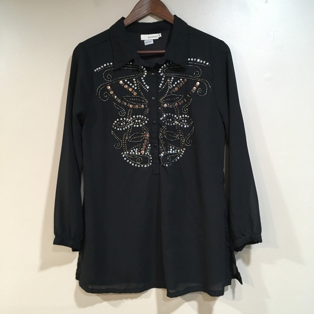 Beaded Sequin Sheer Tunic‎ Blouse Womens 14 Black Long Sleeve Boho Chic Western